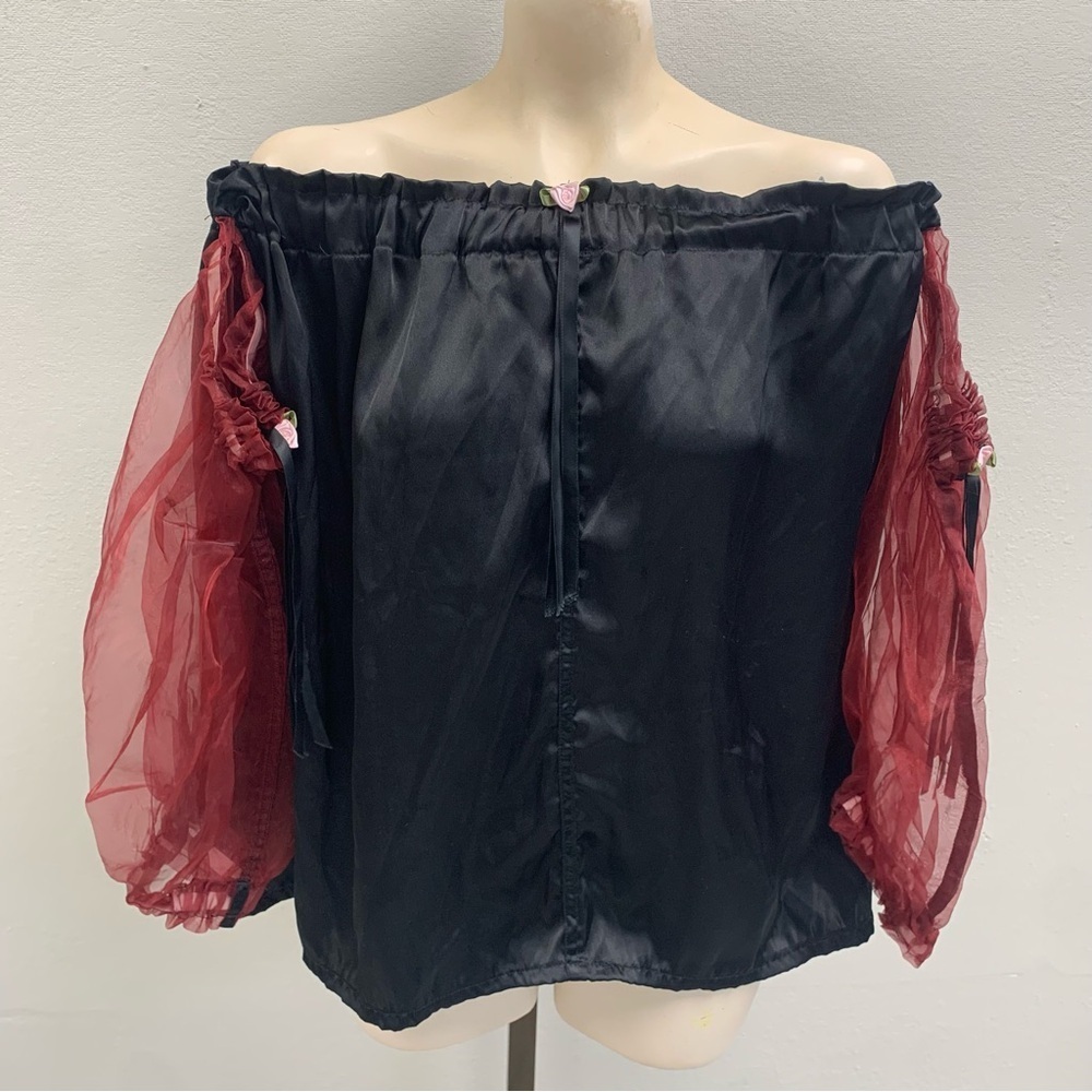 RENNAISANCE TOP Unicorn Clothing Company Black and Burgundy Off-Shoulder Top.
